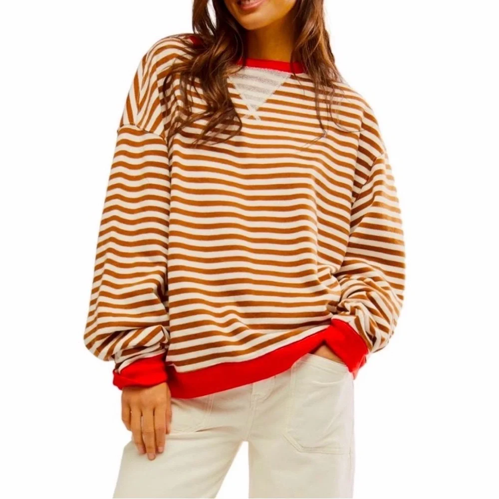 Free People Classic Oversized Striped Crewneck Sweatshirt we the free - Picture 3 of 4